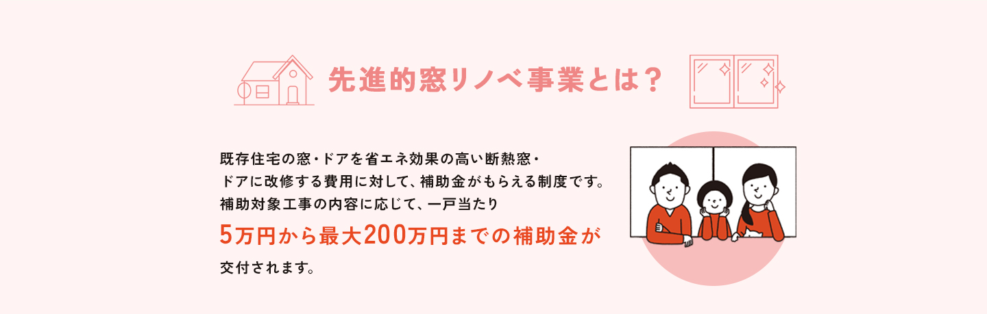 既存住宅の窓・ドアの省エネ効果の高い断熱窓・ドアに改修する費用に対して、補助金がもらえる制度です。補助金対象工事の内容に応じて、一戸あたり5万円から最大200万円までの補助金が交付されます。