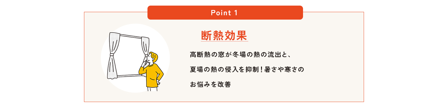 POINT1｜断熱効果で、冬はあたたかく、夏は涼しく「冬になると窓辺が冷えて寒い…」「夏のエアコンが効きにくい…」そんなお悩み、実は窓の断熱性能の低さが原因かもしれません。住まいの熱の約7割が窓から流出・侵入すると言われています。インプラスは、既存の窓の内側にもう一枚「断熱窓」を取り付けることで、窓と窓の間に空気層（断熱層）を形成し、外気温の影響を大幅にカットします。