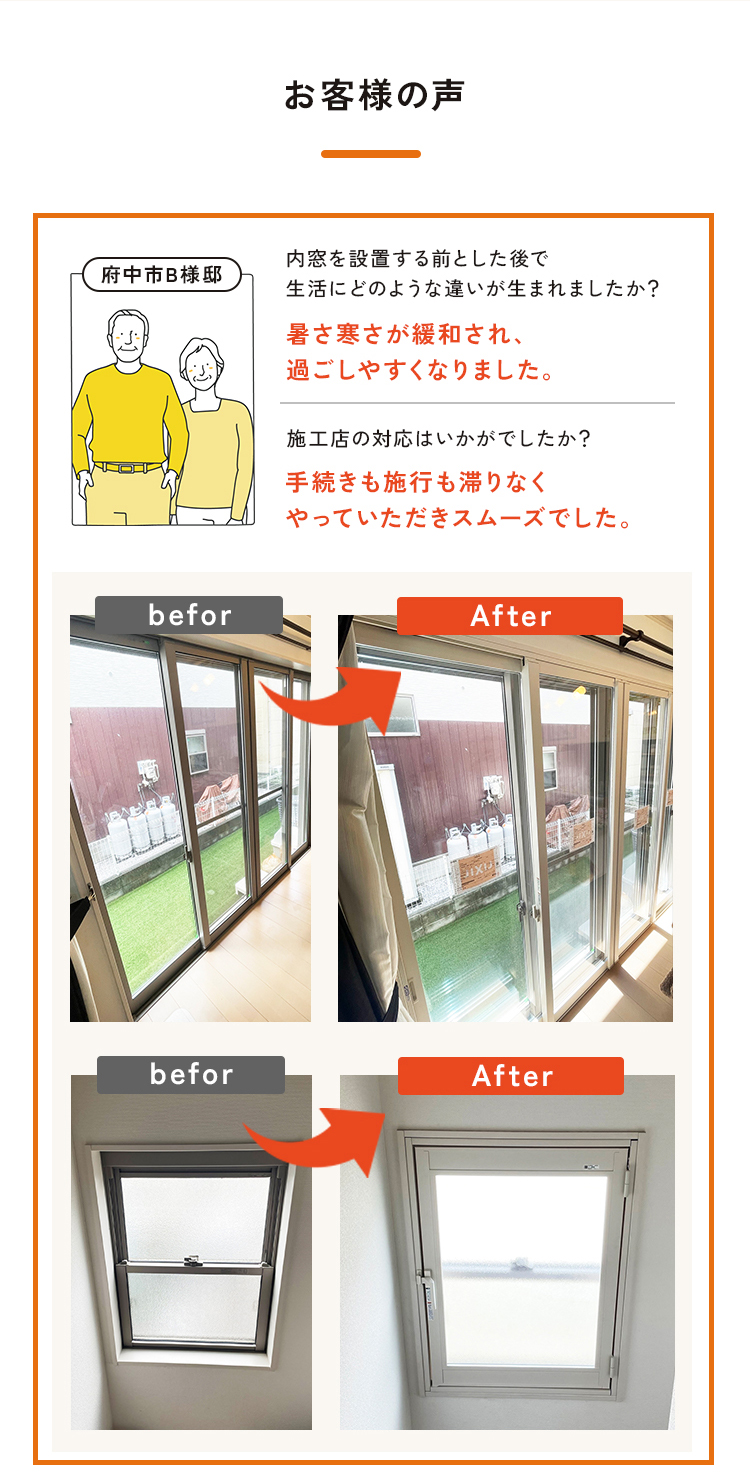 府中市B様邸。Q.内窓を設置する前とした後で生活にどのような違いが生まれましたか？A.暑さ寒さが緩和され、過ごしやすくなりました。Q.施工店の対応はいかがでしたか？A.手続きも施行も滞りなくやっていただきスムーズでした。