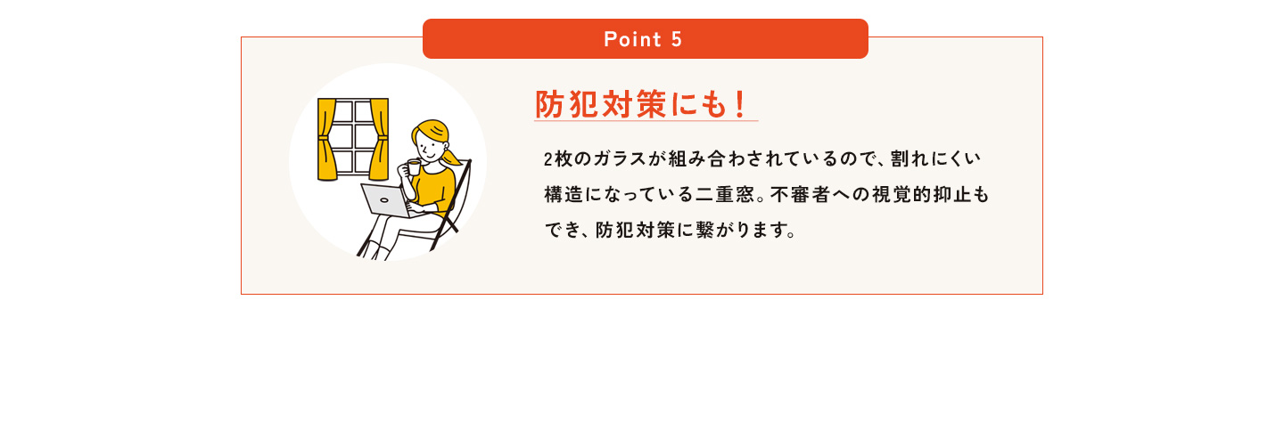 POINT5、防犯対策にも！2枚のガラスが組み合わされているので、割れにくい構造になっている二重窓。不審者への視覚的抑止もでき、防犯対策に繋がります。